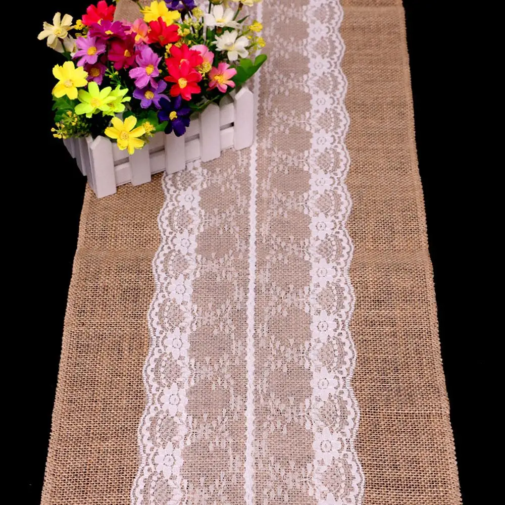 30cm*275cm Party Decoration Vintage Burlap Lace Hessian Table Runner