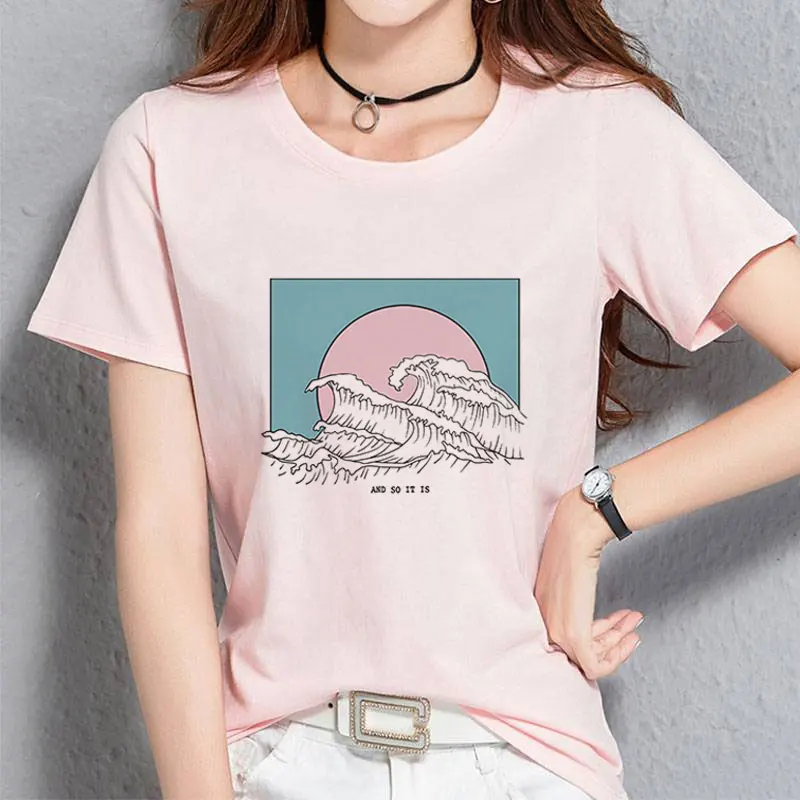 Новинка, Camisetas Verano Mujer,, Harajuku, Kawaii, волнистая, эстетическая, винтажная, парная Футболка, женская, Vogue, повседневная, с принтом, короткий рукав, Топ