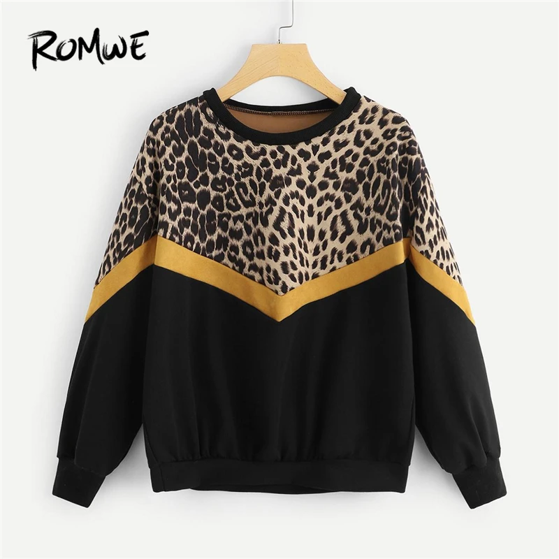 

ROMWE Black Leopard Panel Drop Shoulder Sweatshirt Women Casual Autumn Clothing Womens Long Sleeve Colorblock Pullovers