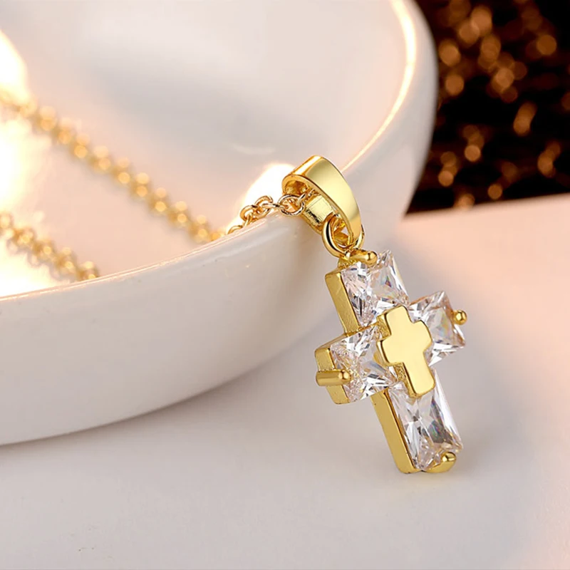 Классическое кубическое циркониевое ожерелье с кулоном в виде креста золотого, серебряного, розового, золотого цвета с крестиком христианского Иисуса, ювелирные изделия для женщин