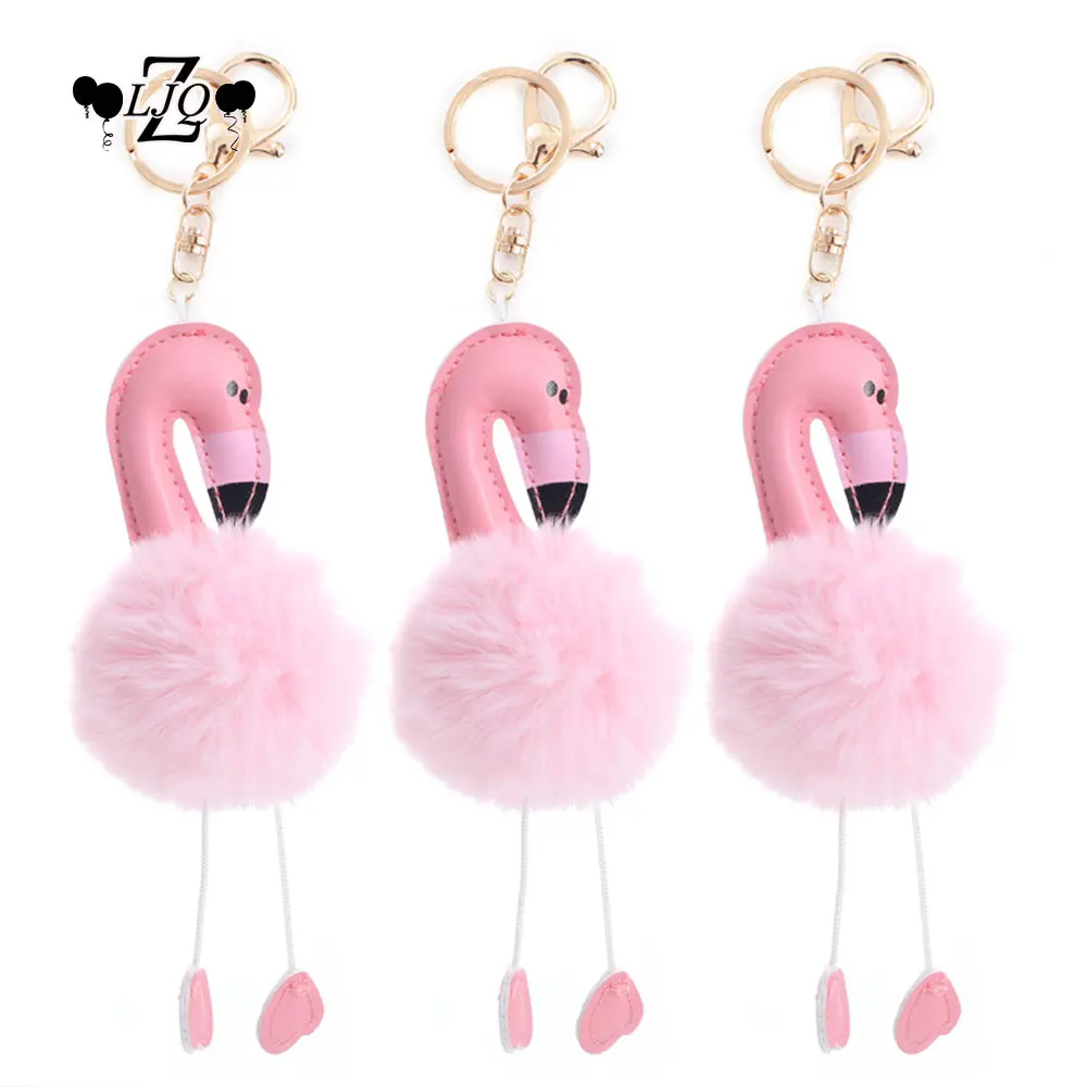 

ZLJQ 1pcs Pompom Flamingo Keychain Cute Women Faux Rabbit Fur Ball Car Bag Key Ring for Wedding Party Favors Gift Decoration