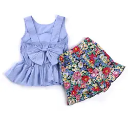 Комплект летней одежды для маленьких девочек из 2 предметов, топы без рукавов с бантом + шорты с цветочным принтом, штаны хлопковая одежда