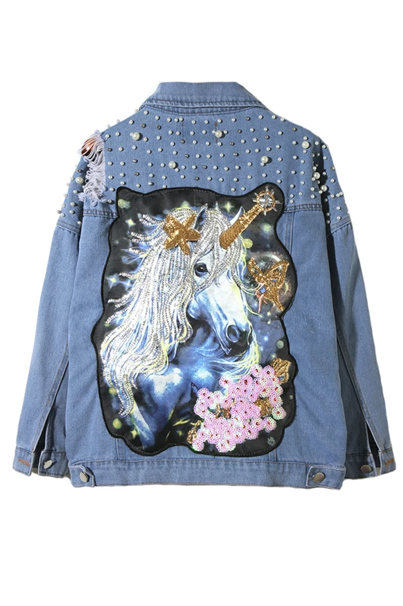 LYFZOUS Pearl Dotted Unicorn Patch Denim Jacket Women Tearing Hole Sequin Lapel Long Sleeve Jean Coat Autumn Blue Denim Jackets