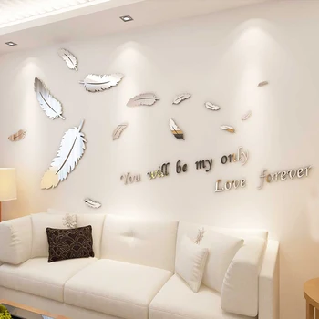 

Mirror Acrylic Wall Sticker 3D Decorative Wall Stickers For Living Room Background 5 Sizes Creative Feather Wallpapers Pasters