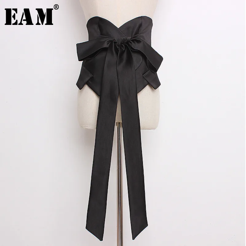 

[EAM] 2019 Spring Woman New Stylish High Quality Solid Black Color Spliced Pleated Bow Bandage Wide Waistbelt All Match LI323