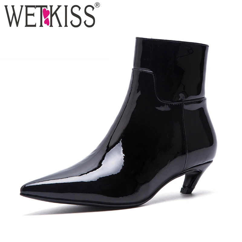 

WETKISS Kitten Heel Women Boots Pointed Toe Zip Footwear Patent Leather Female Boot Fashion Shoes Woman Winter 2018 Black New