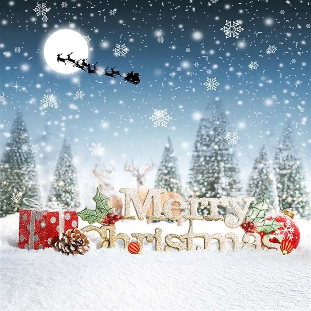 RBabyPhoto Merry Christmas Backdrop 5X7FT Falling Snowflakes Shining Moon Night Santa Claus Ride Reindeer Roof Winter Xmas Photography Background for Happy New Year 2021 Photo Studio Props Vinyl CK500