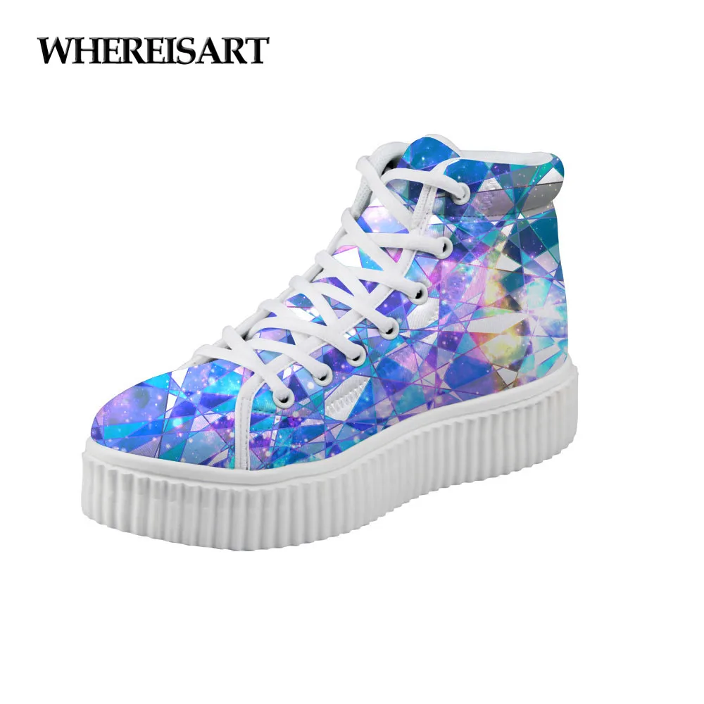 

WHEREISART Women Platform Shoes 2019 Spring Colorful Glass Print High Top Canvas Creepers Female Sneakers Height Increasing