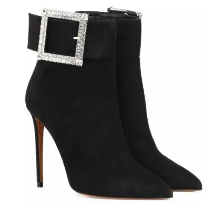 

New thin high heel shoes Women balck crystal decorated pointed toe high heel short boots Fashion solid color ankle boots