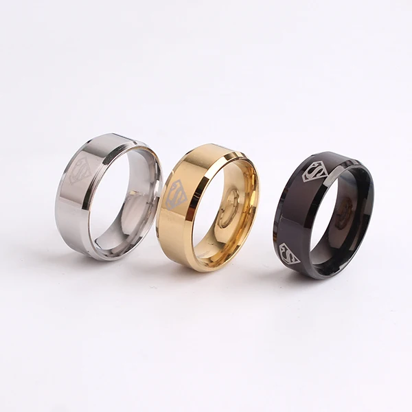 

Wide 8mm Black superman S rings 316L Stainless Steel finger ring for men jewelry wholesale