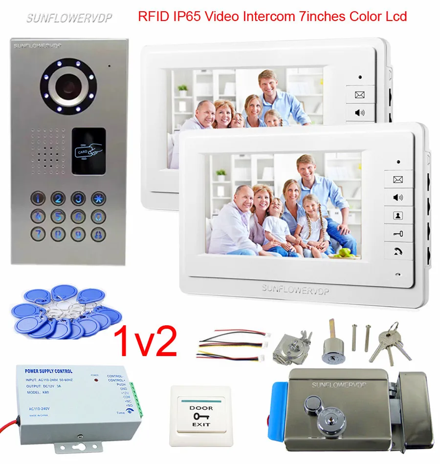 

Code Rfid Cards Video Door Phone IP65 Waterproof Doorphone For Residential Security 2 Units 7" Color Monitor Electronic Lock 1v2