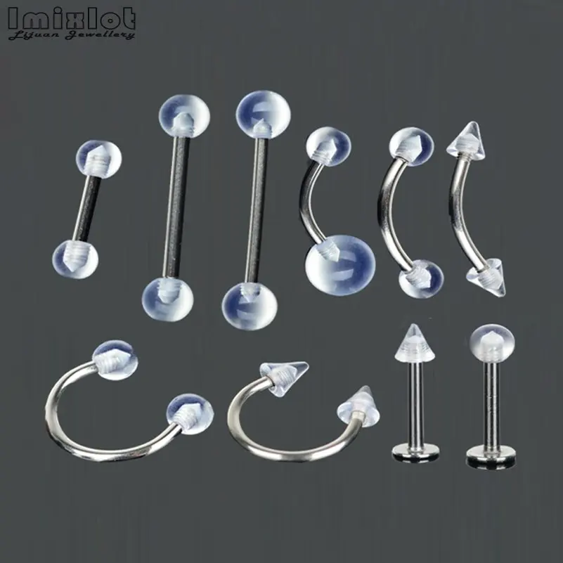 10Pcs Clear Acrylic Ball Punk Bar Lip Ring Stainless Steel Eyebrow