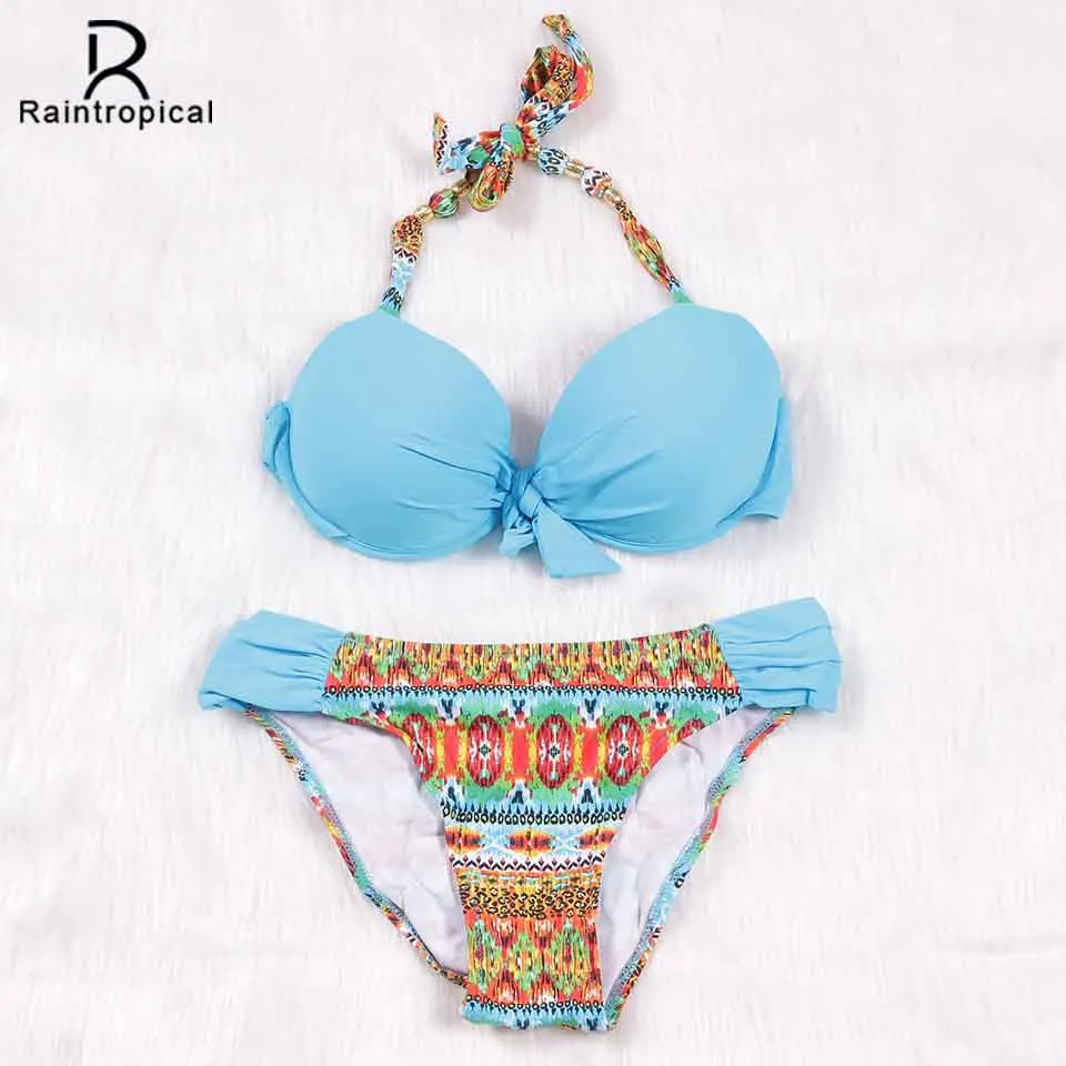 Billige Raintropic 2019 Neue Bademode Bikinis Sexy Frauen Badeanzug Sommer Bandeau Bikini Gedruckt Bikini Set Solide Strand Badeanzüge