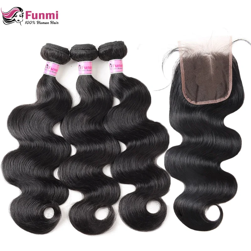 Funmi Unprocessed Virgin Hair Bundles with Closure Malaysian Body Wave Bundles with Closure Middle Part Natural Hair Extensions