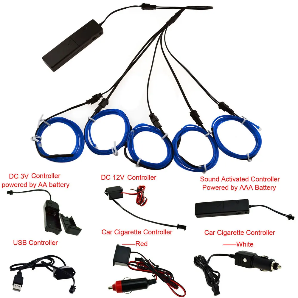 

EL Wire 1M Neon Light Dance Glow String 5 Driven By 1 5x1M + Controller + Inverter 3V/12V/Sound Activated/USB/Car Cigarette