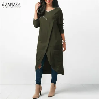 

ZANZEA 2018 Autumn Hoodies Sweatshirt Women Long Sleeve Dress Female Solid Zipper Pullovers Vintage Oversized Irregular Vestidos