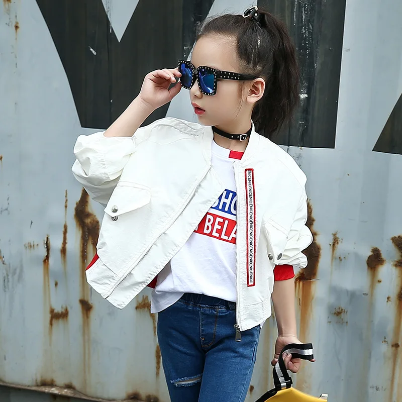 

2019 Children's Spring Autumn Outerwear Coats for Girls White Bat Sleeves Oversize Biker Jacket Kids School Wear Bomber Jacket