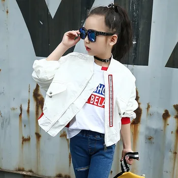 

2019 Children's Spring Autumn Outerwear Coats for Girls White Bat Sleeves Oversize Biker Jacket Kids School Wear Bomber Jacket