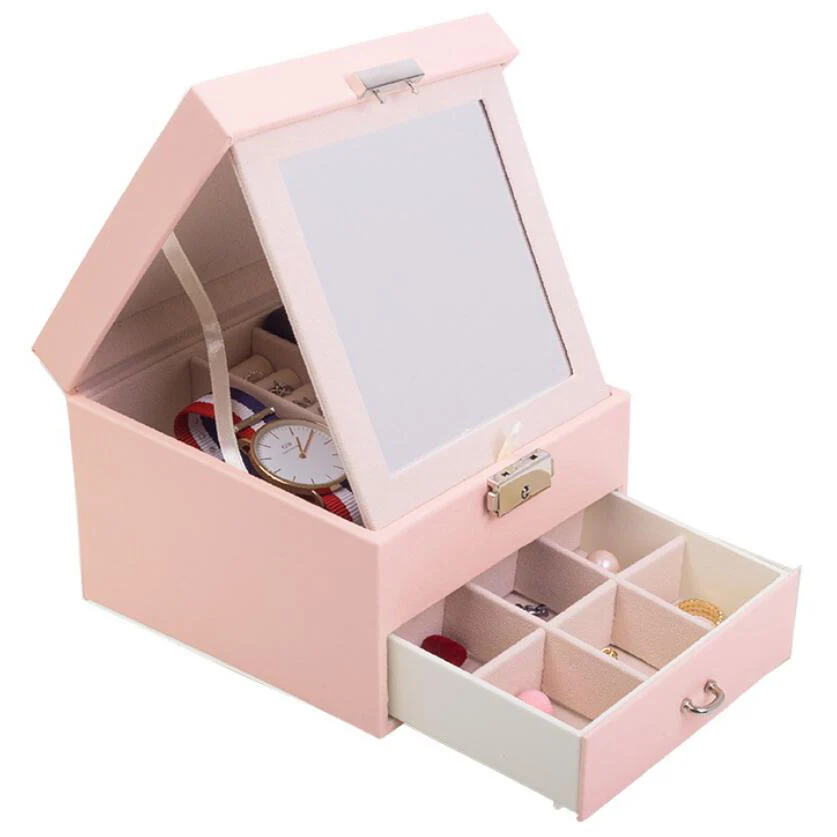 Кожаная Коробка для ювелирных изделий, органайзер, многосекционный классический держатель с современным ящиком, замком и большим зеркалом для женщин, подростков и девочек - Цвет: Розовый