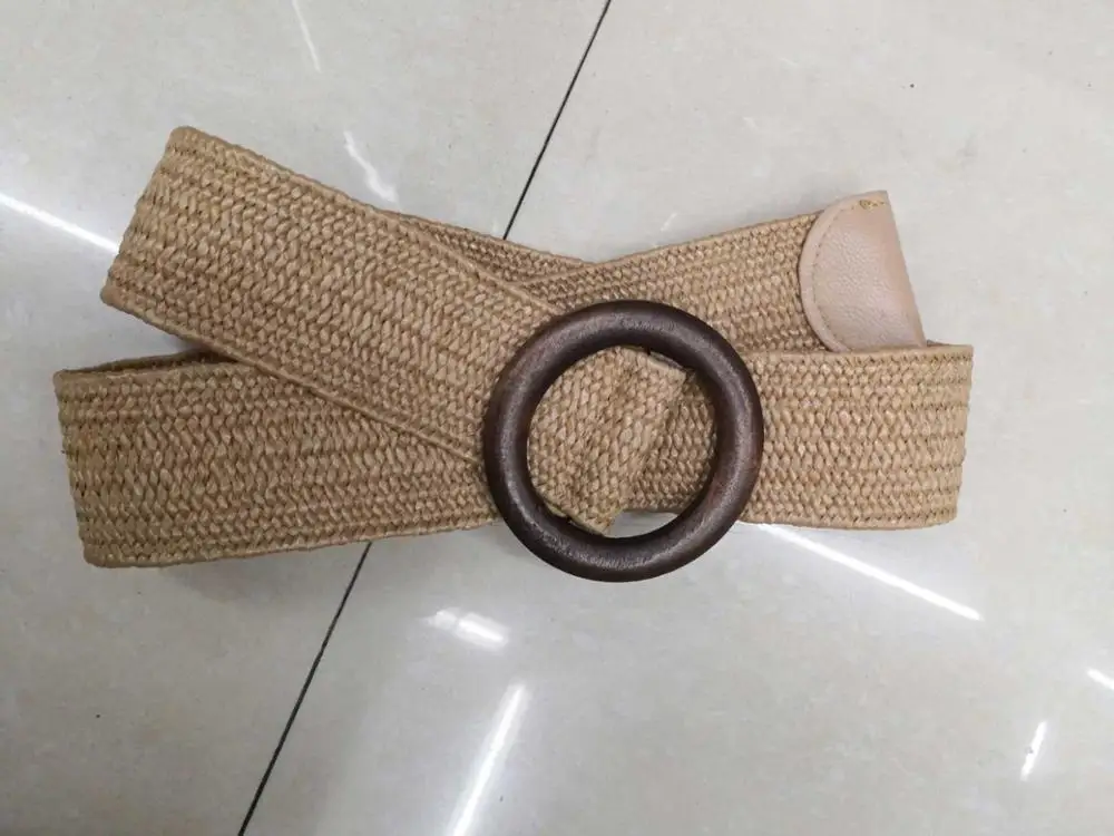 New Women belt Wide Straw Braided Woven Belt Female Round Square Wooden Buckle Belts for Women Dress Cinturon Madera Paja - Цвет: 3