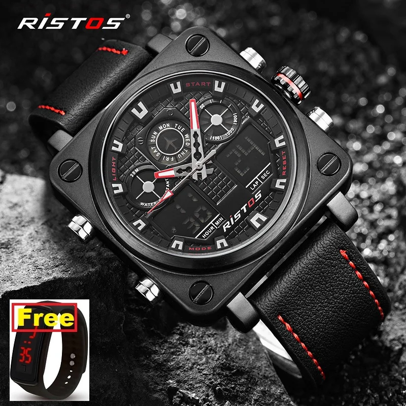 Мужские многофункциональные спортивные часы RISTOS с хронографом и двойным