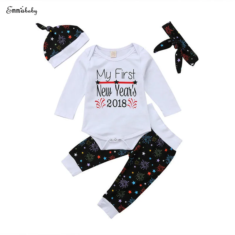 

My First New Year Newborn Toddler Baby Boy Girl Long Sleeve Cotton Baby Bodysuit Tops Long Pant Headband Hat 4PCS Baby Set