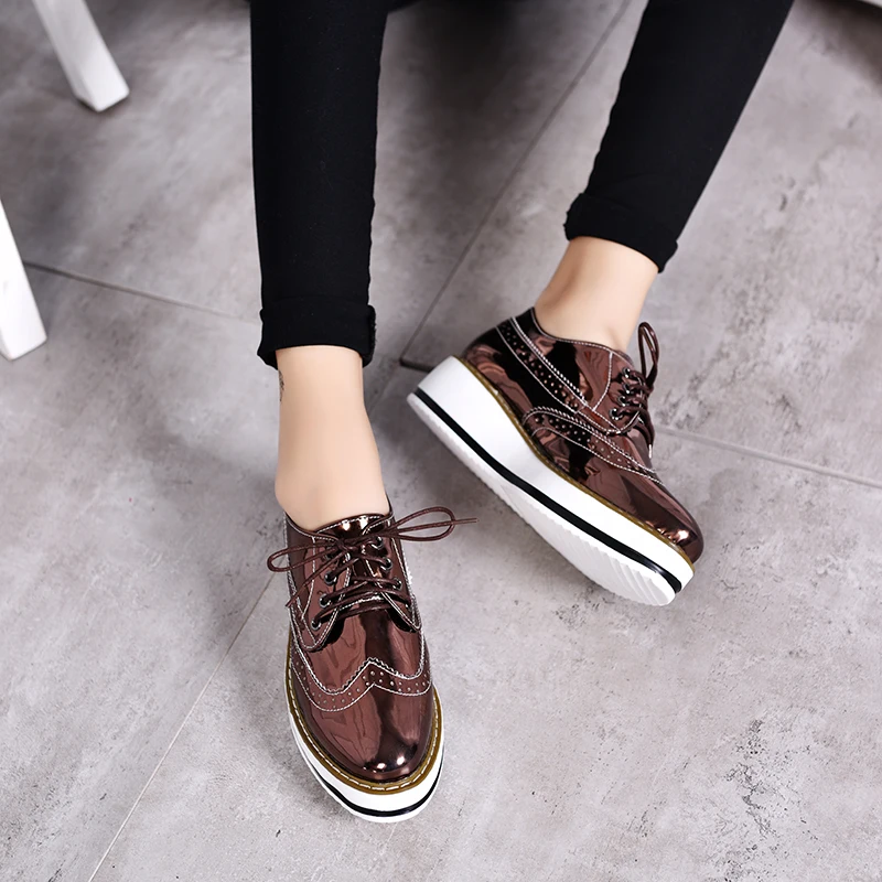 

ROMMEDAL platform women shoes brogue british style smooth casual shoes PU leather lace-up solid leisure flats wholesale price