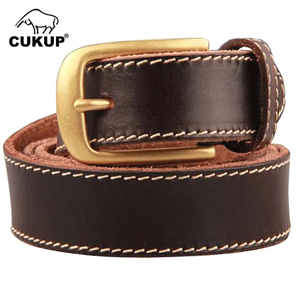 CUKUP Unisex Top Quality Grain Cow Cowhide Leather Belt Brass Buckle