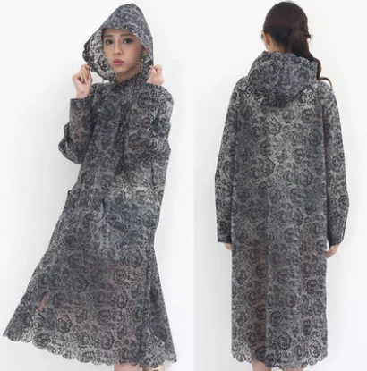 Thickening EVA Print Lace Raincoat Women Girls Transparent Rain Coat impermeable ponchos mujer Plastic Rain Jacket Trench