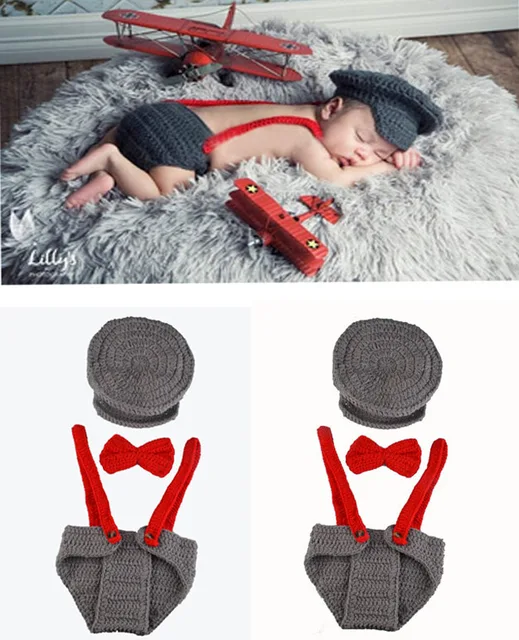 3pcs Baby Set Hat Tie Pants Pilot Clothes Handmade Newborn Infant