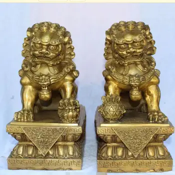 

zhmui8800626737+<<+13" Chinese Fengshui Bronze Guardian Foo Fu Dog Phylactery Door Lion Pair Statue