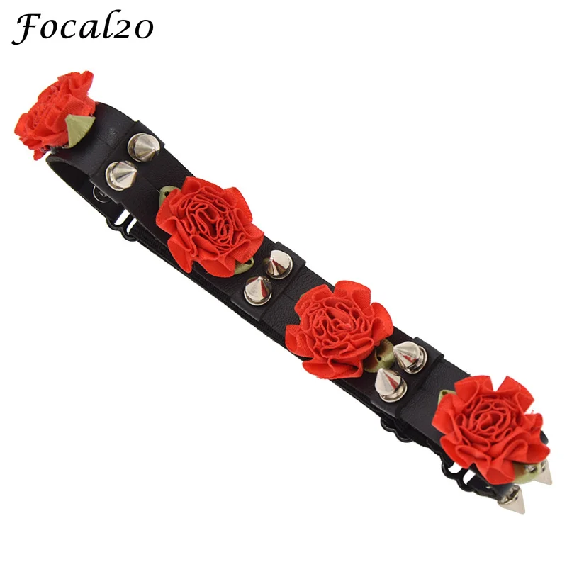 Focal20 Gothic Punk Rose Flower Synthetic Leather Women Garter Sexy Elastic Leg Garter Belt Suspender Lingerie Cosplay