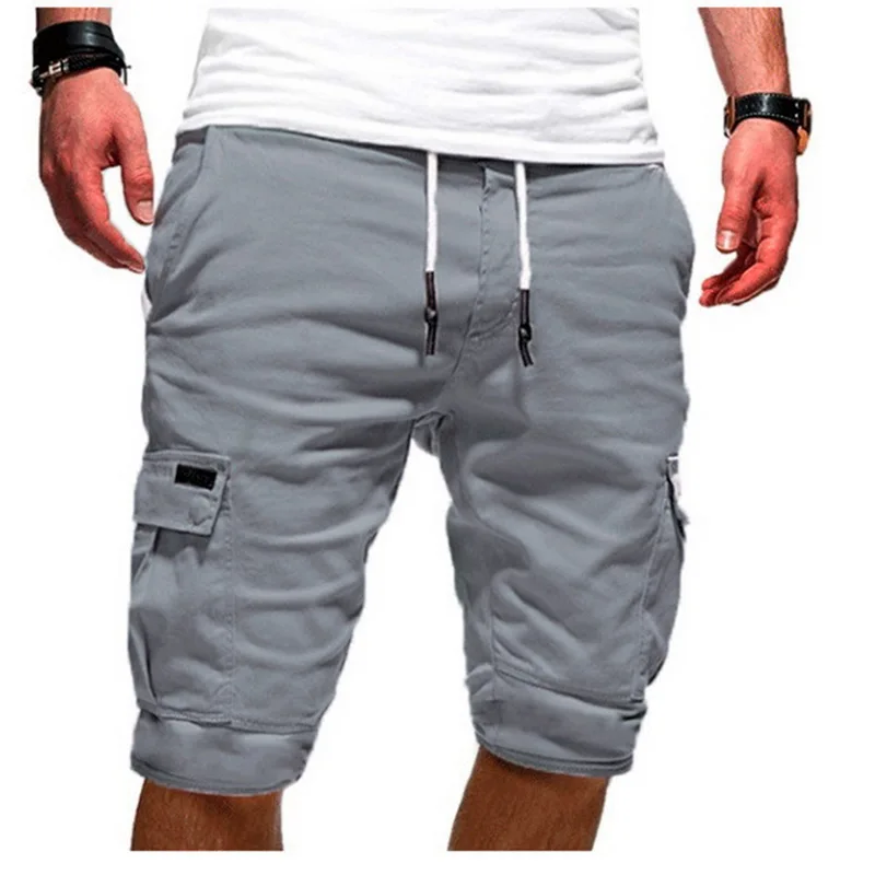 Shorts Men Summer Casual Shorts Streetwear Men's Cargo Multi-pocket Shorts Solid Color Drawstring Fashion Shorts - Color: Dark grey