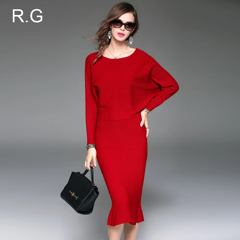 

RG Elegant Women Sweater Suit Set Red Gray Knitted Sweater and Ruffle Skirt Sexy Business Office Work Wear 2 Piece Set Suits