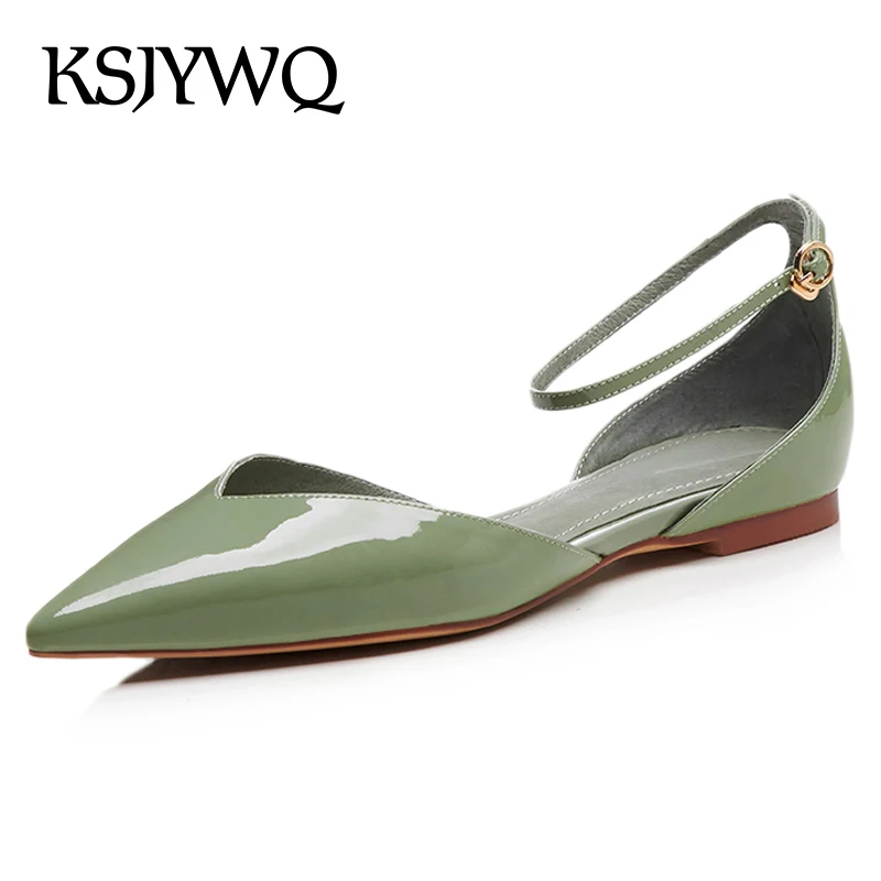 

KSJYWQ Green Leather Women Flats Sexy Pointed-toe Dress Shoes Summer Style no Heels Buckle Sandals for Woman Box Packing 113-1