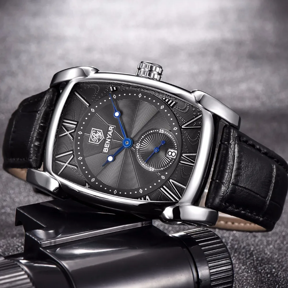 Najtaniej Benyar kwadratowy mężczyzna zegarka biznes wodoodporny skóra quartz zegarek na rękę mężczyźni zegar mężczyzna Relogio Masculino hodinky erkek kol saati