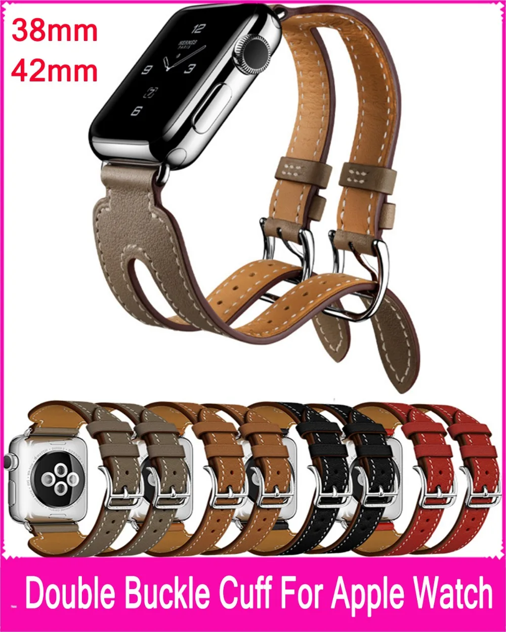2016 Latest Double Buckle Cuff Leather Band For Apple Watch 38mm 42mm Made By First Layer
