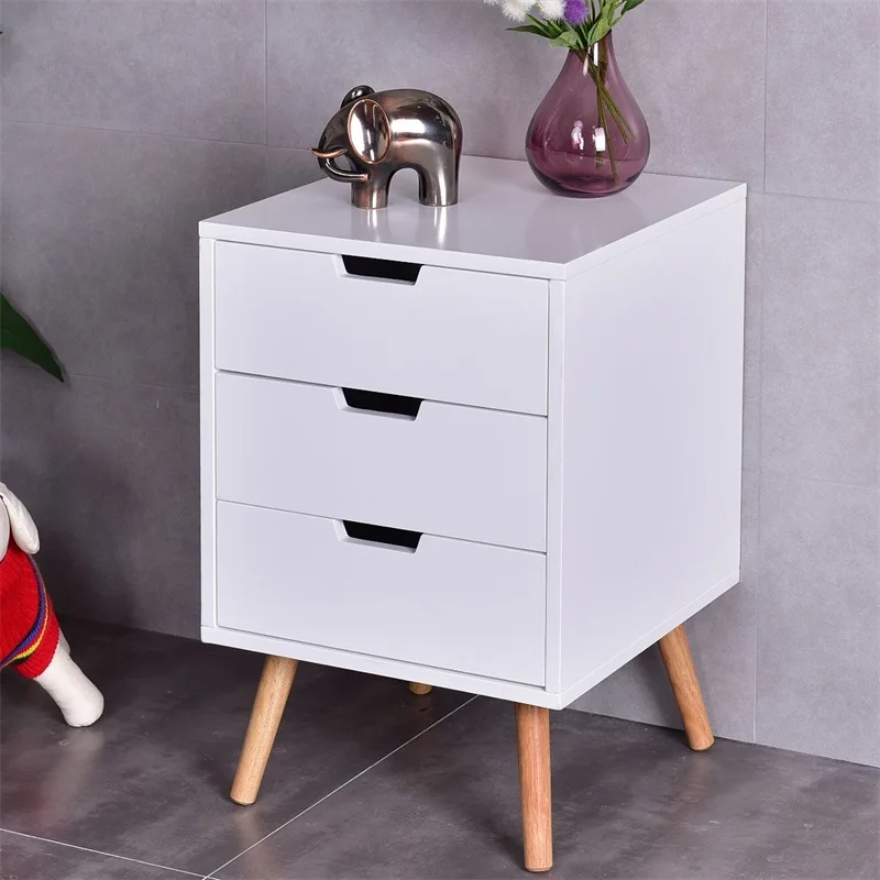 

White Wooden Side End Table Nightstands with 3 Slide-out Drawer Organizer Bedroom Furniture Floor Bedside Table HW54217