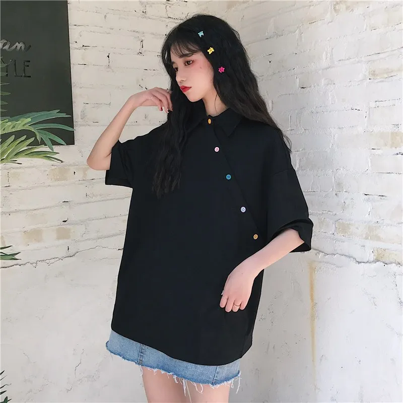 

2019 Summer Women Kawaii Tees Rainbow Colorful Diagonal Buttons T-Shirts