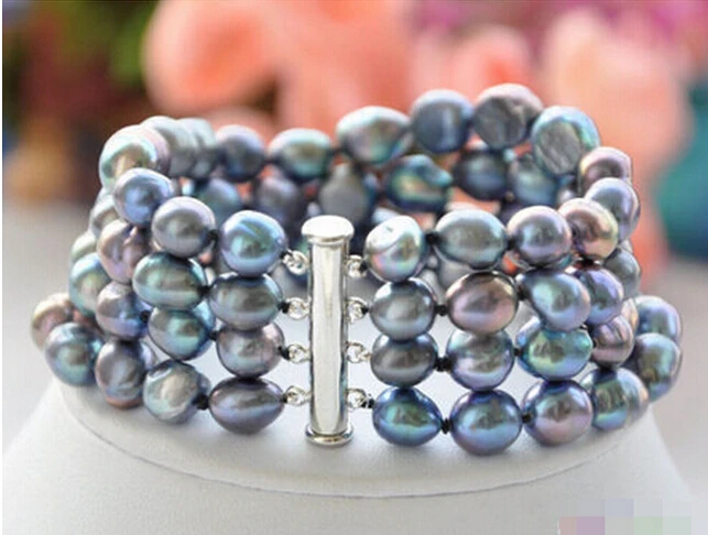 

Hot sell 4row 8" 9mm NATURE BLACK BAROQUE freshwater pearl BRACELET -Bridal jewelry free shipping