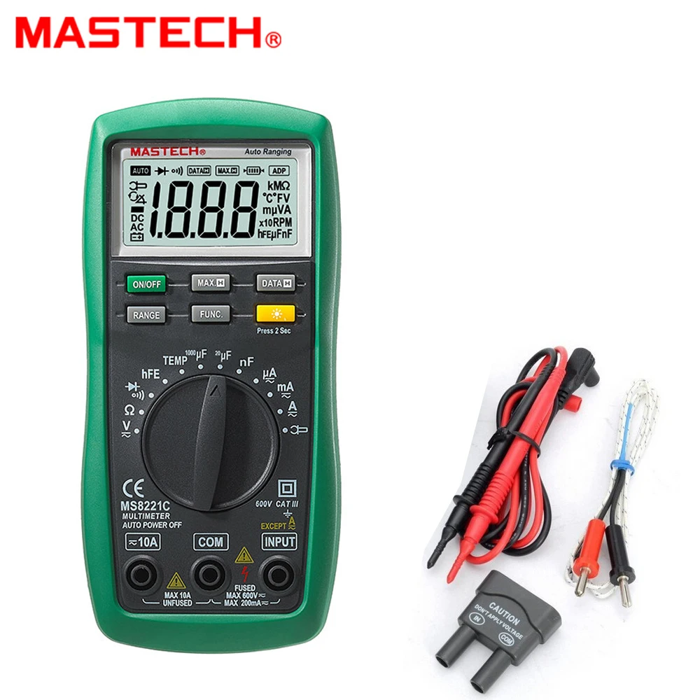 

Mastech MS8221C 1999 Count Digital Multimeter Auto Manual Range DMM Temperature Capacitance Continuity/Diode/Transistor hFE Test