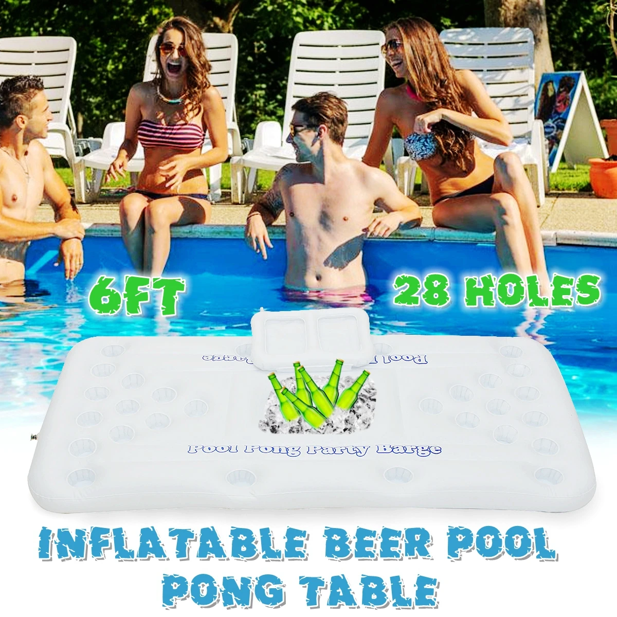 

2018 New Summer Water Party Fun Air Mattress Ice Bucket Cooler 170cm 6inch 28 Cup Holder Inflatable Beer Pong Table Pool Float