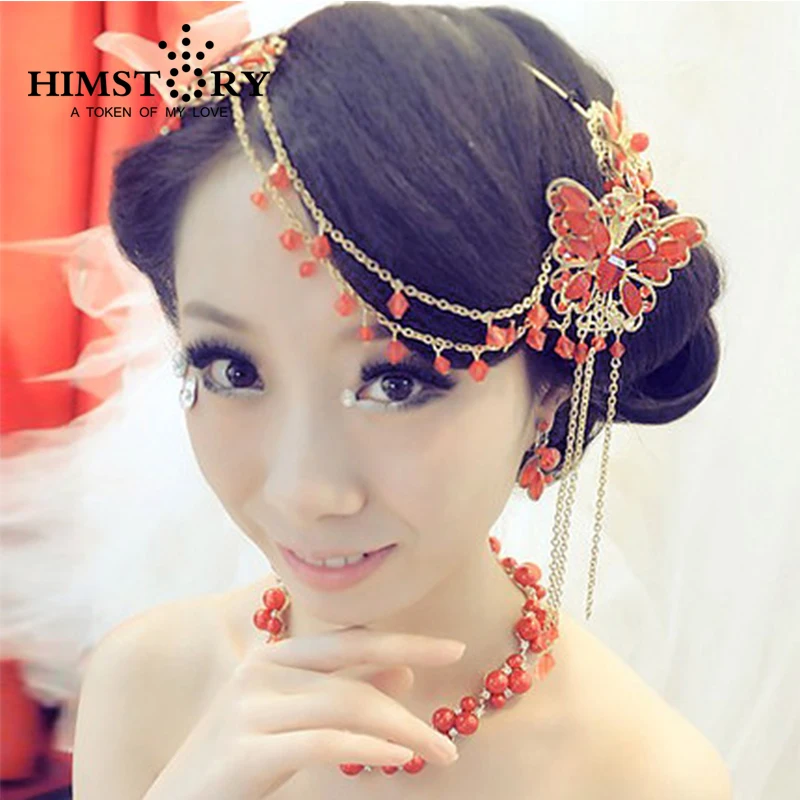 HIMSTORY Chinse Style Gold Red Butterfly Wedding Hairpins HIMSTORY Chinse Style Gold Red Butterfly Wedding Hairpins