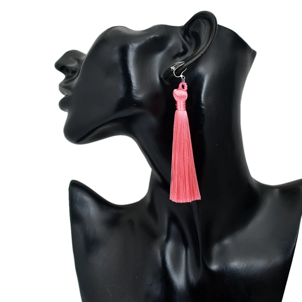 Vintage Ethnic Long Tassel Earrings For Women Non Pierced Ear Clip Earing Bohemia Jewelry Black Yellow Earcuffs