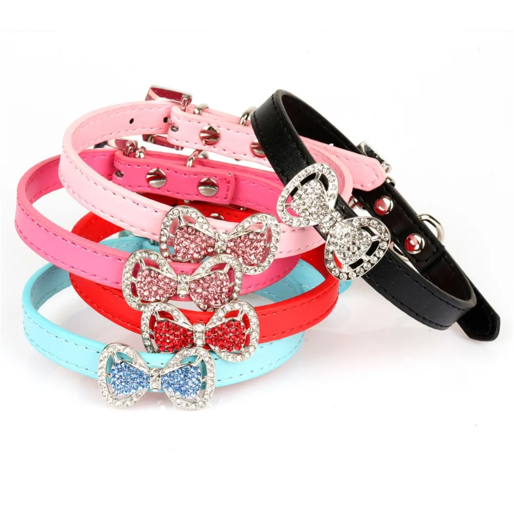 

Small Dogs Collars retractable Rhinestone Bow Puppy Necklace Product For Pets Collar Cats Supplies collier chien honden halsband