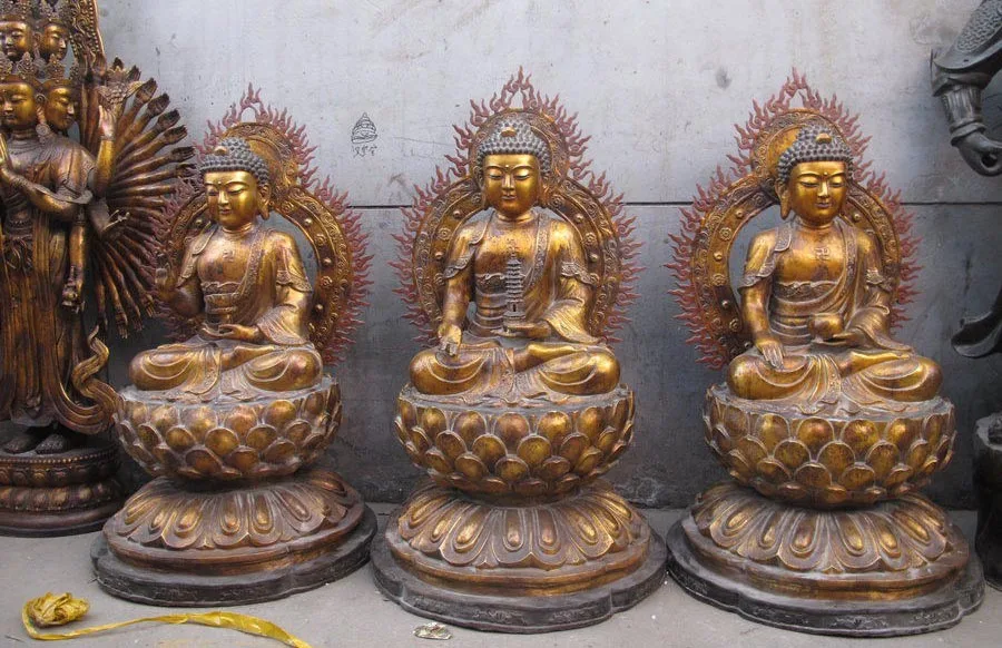 

FREE Shipping Big Copper Bronze Buddhism three Amitabha Tathagata Sakyamuni buddha Statues set