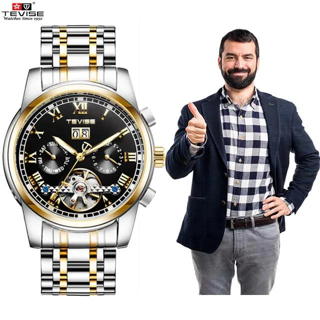 

TEVISE Men Mechanical Wristwatches Automatic Self-Wind Complete Calendar Auto Date Month Business Tourbillon Watch Clock 9005