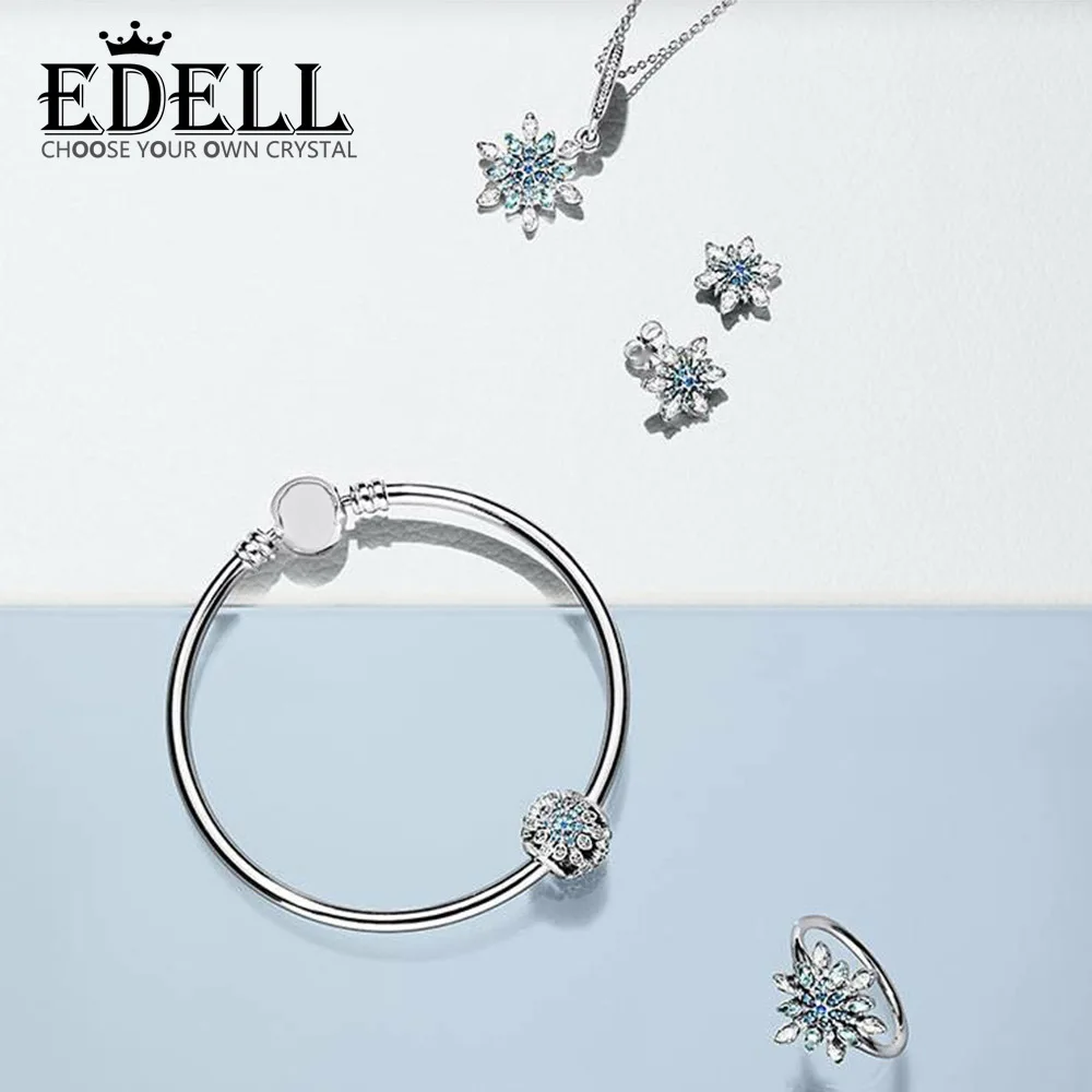 

EDELL 100% 925 Sterling Silver 1:1 Winter Crystallised Snowflake Beaded Pendant Bangle Ring Stud Earrings Necklace Set