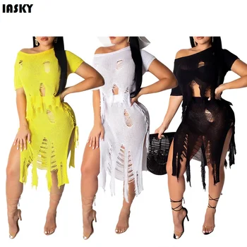 

IASKY 2019 New crochet tassels Beach cover ups sexy women Knitted hollow out tops+ skirts Bikini swimsuit cover ups beachwear 2P