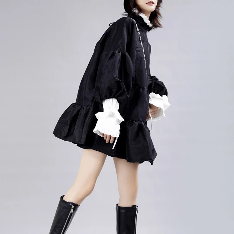 [EAM] женское платье, новинка, со стоячим воротником, с длинным рукавом-фонариком, свободное, с вырезом, индивидуальная плиссированная мода, Осень-зима JZ349